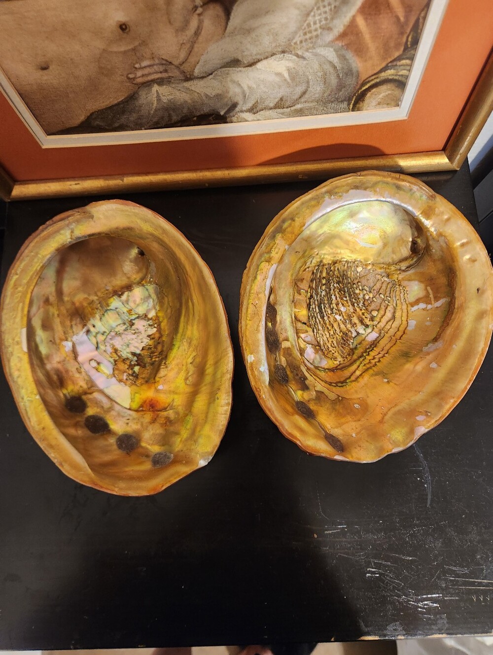 Pair Of Iridescent Gold Abalone Shell Decorative Bowl, Dish With Lucite Feet